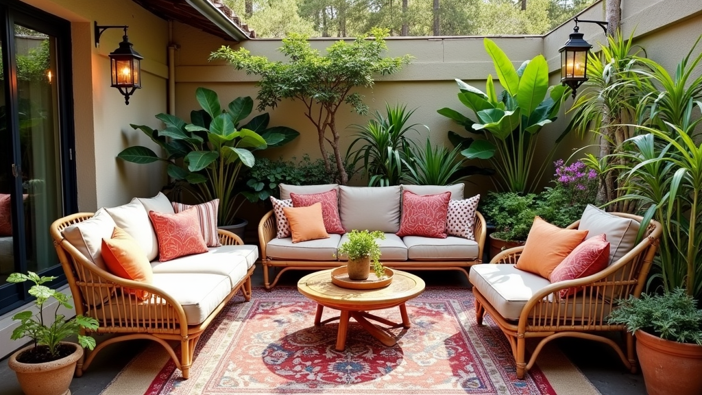 bohemian style patio with eclectic furniture and hanging lanterns