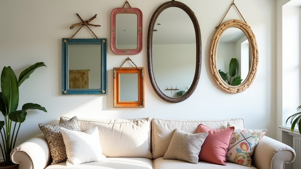 Old mirror frames transformed into colorful boho wall art with plants and tiles