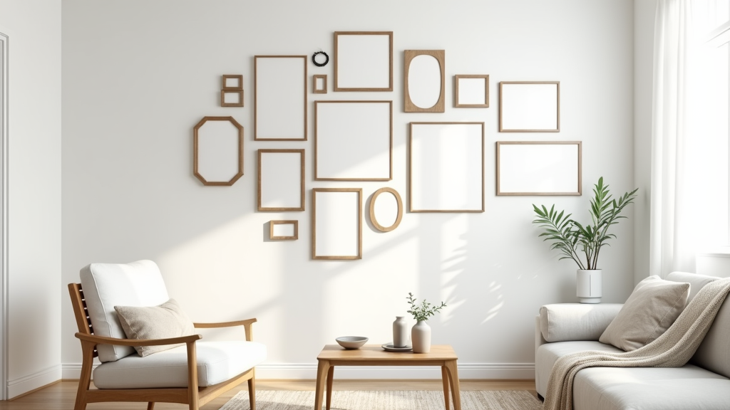 various picture frames arranged on a light-colored wall in a stylish living room